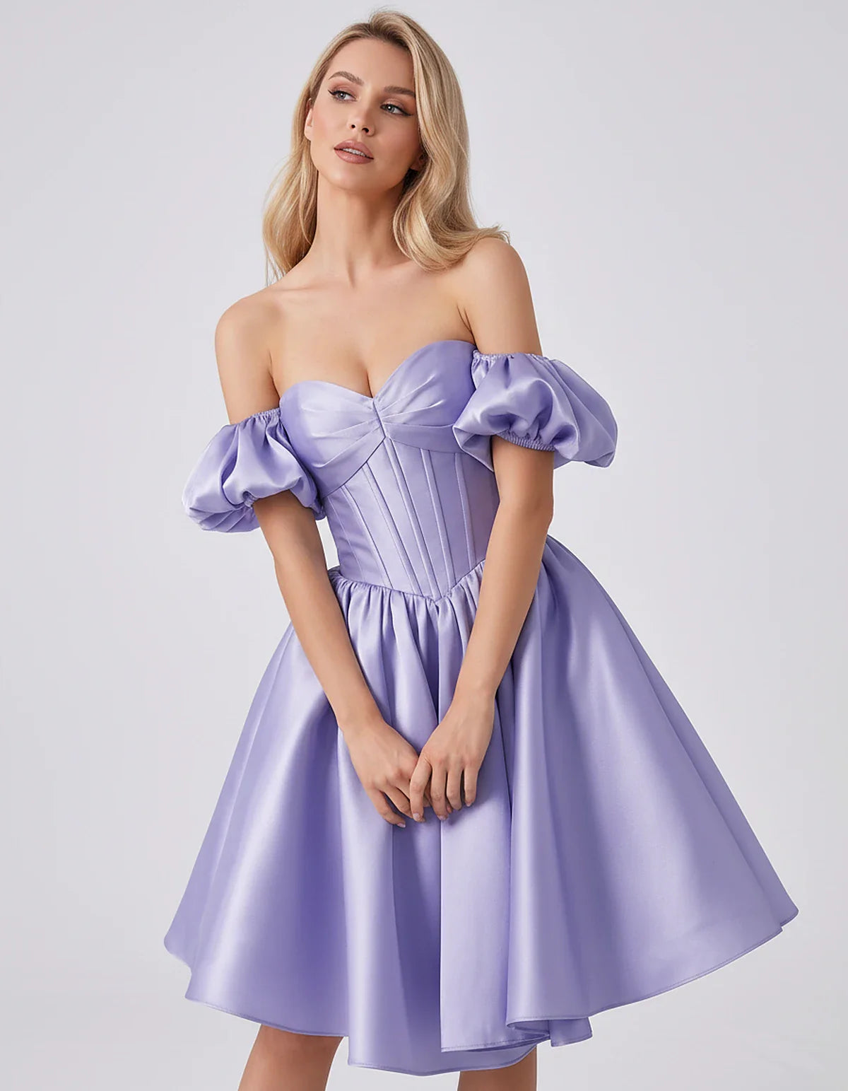 Satin Off-Shoulder Puff Sleeve Sweetheart Neck Corset Mini Dress for Homecoming, Prom, Cocktail, Evening & Wedding Guest Even | SKU: RMD-583920174615847-LAVENDER-L,RMD-583920174615847-LAVENDER-M,RMD-583920174615847-LAVENDER-S,RMD-583920174615847-LAVENDER-XL,RMD-583920174615847-LAVENDER-XS