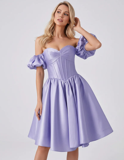 Satin Off-Shoulder Puff Sleeve Sweetheart Neck Corset Mini Dress for Homecoming, Prom, Cocktail, Evening & Wedding Guest Even | SKU: RMD-583920174615847-LAVENDER-L,RMD-583920174615847-LAVENDER-M,RMD-583920174615847-LAVENDER-S,RMD-583920174615847-LAVENDER-XL,RMD-583920174615847-LAVENDER-XS