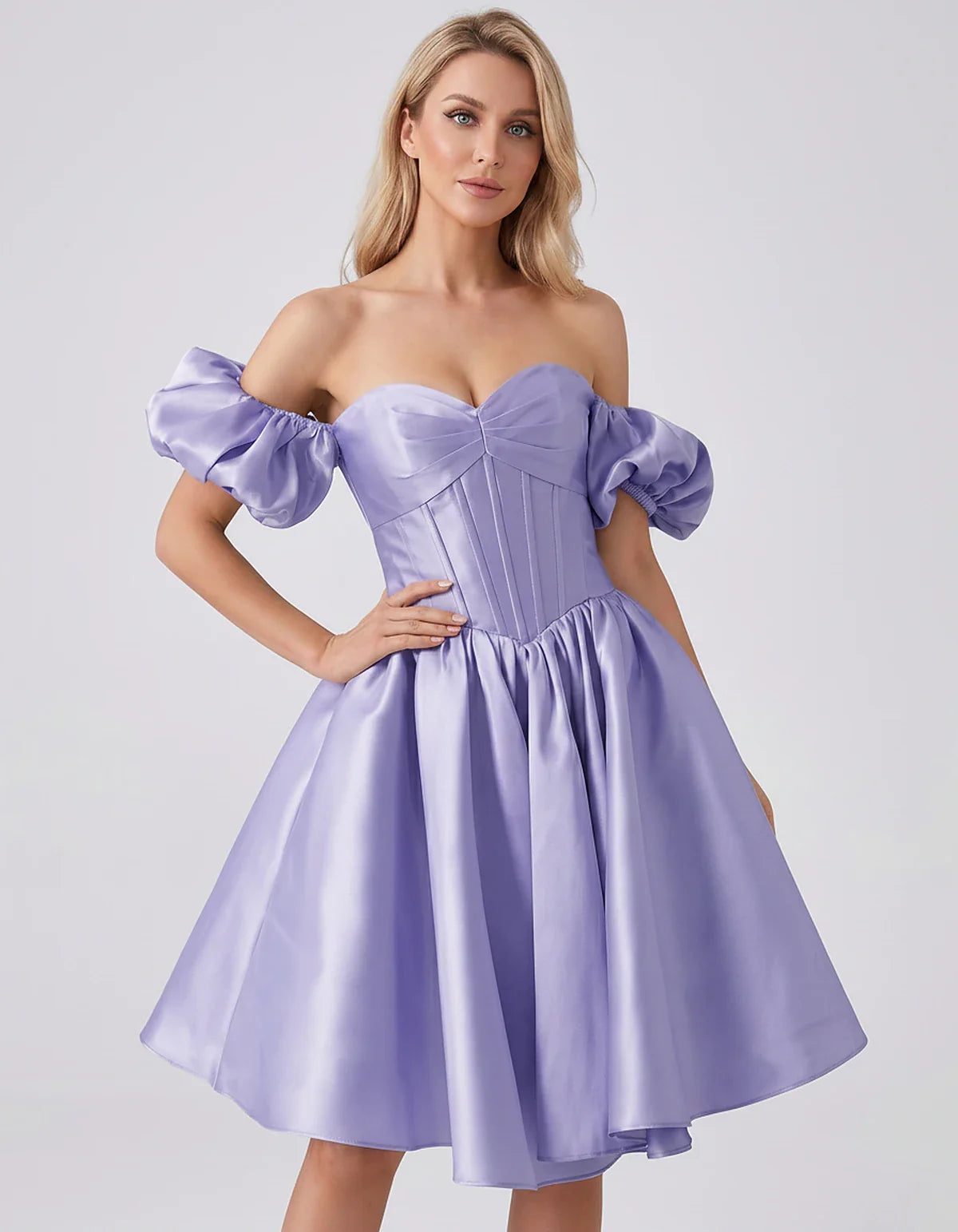 Satin Off-Shoulder Puff Sleeve Sweetheart Neck Corset Mini Dress for Homecoming, Prom, Cocktail, Evening & Wedding Guest Even | SKU: RMD-583920174615847-LAVENDER-L,RMD-583920174615847-LAVENDER-M,RMD-583920174615847-LAVENDER-S,RMD-583920174615847-LAVENDER-XL,RMD-583920174615847-LAVENDER-XS