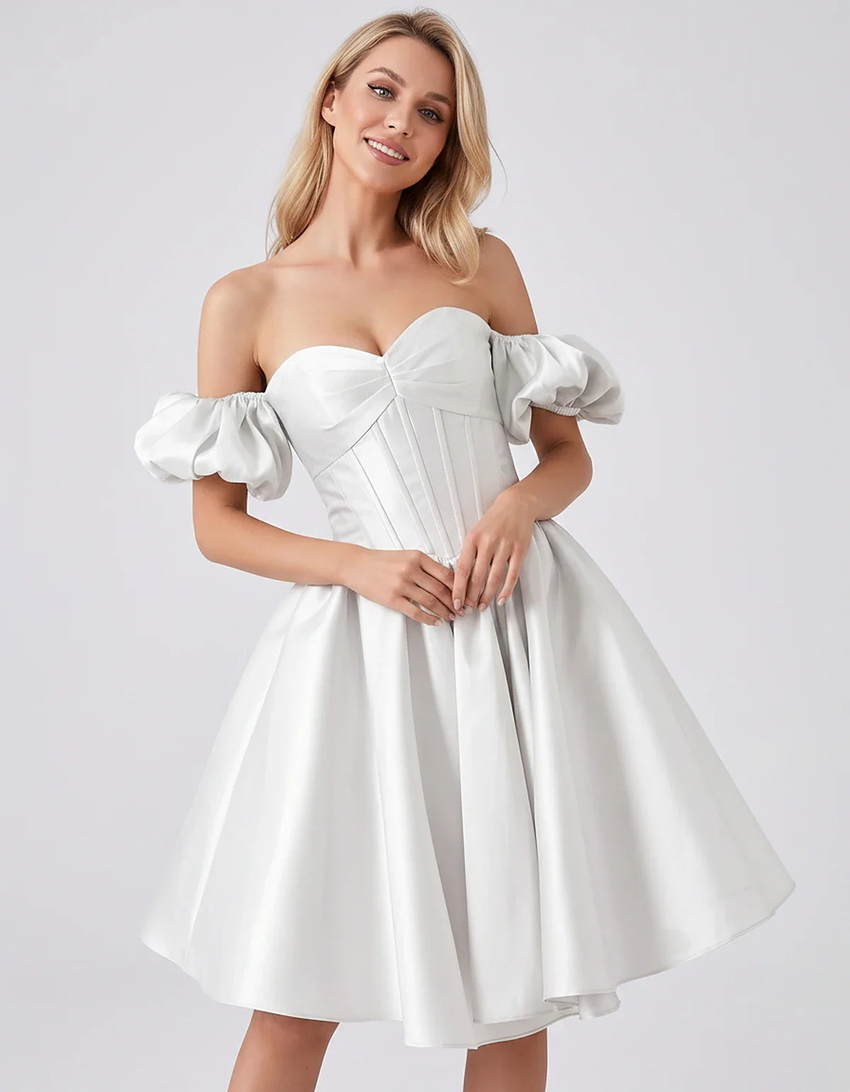 Satin Off-Shoulder Puff Sleeve Sweetheart Neck Corset Mini Dress for Homecoming, Prom, Cocktail, Evening & Wedding Guest Even | SKU: RMD-583920174615847-WHITE-L,RMD-583920174615847-WHITE-M,RMD-583920174615847-WHITE-S,RMD-583920174615847-WHITE-XL,RMD-583920174615847-WHITE-XS
