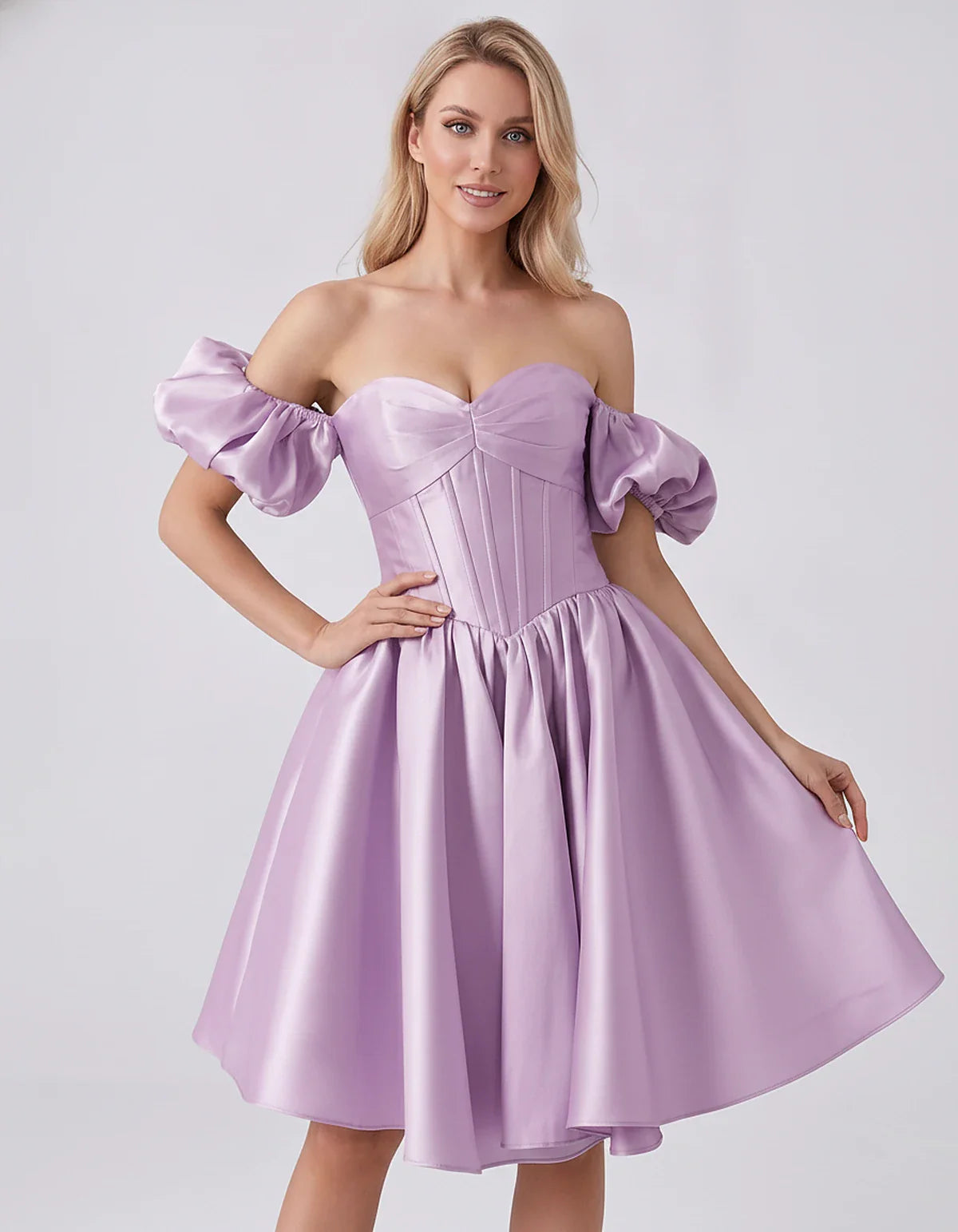 Satin Off-Shoulder Puff Sleeve Sweetheart Neck Corset Mini Dress for Homecoming, Prom, Cocktail, Evening & Wedding Guest Even | SKU: RMD-583920174615847-LILAC-L,RMD-583920174615847-LILAC-M,RMD-583920174615847-LILAC-S,RMD-583920174615847-LILAC-XL,RMD-583920174615847-LILAC-XS