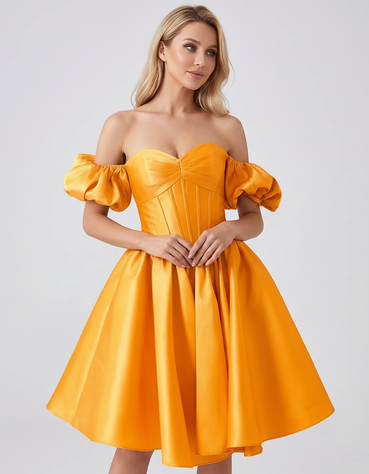 Satin Off-Shoulder Puff Sleeve Sweetheart Neck Corset Mini Dress for Homecoming, Prom, Cocktail, Evening & Wedding Guest Even | SKU: RMD-583920174615847-ORANGE-L,RMD-583920174615847-ORANGE-M,RMD-583920174615847-ORANGE-S,RMD-583920174615847-ORANGE-XL,RMD-583920174615847-ORANGE-XS
