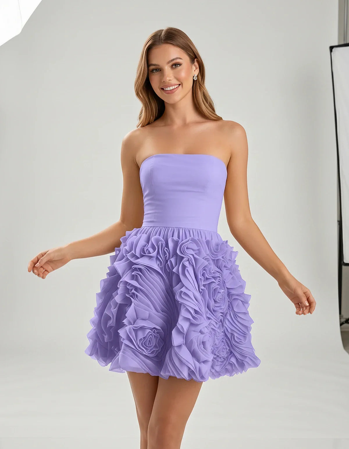 Organza Strapless Fit and Flare Mini Dress with 3D Floral Detail for Party, Cocktail, Evening, Summer & Wedding Guest Events, | SKU: RM-583917264850371-LAVENDER-L,RM-583917264850371-LAVENDER-M,RM-583917264850371-LAVENDER-S,RM-583917264850371-LAVENDER-XL,RM-583917264850371-LAVENDER-XS