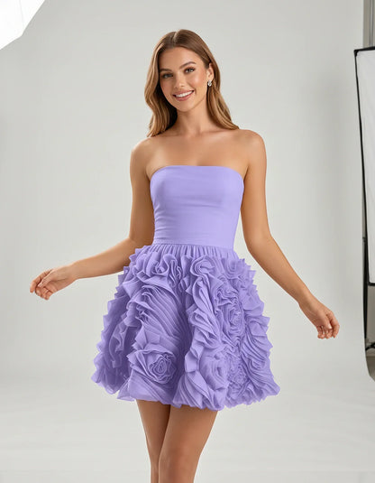 Organza Strapless Fit and Flare Mini Dress with 3D Floral Detail for Party, Cocktail, Evening, Summer & Wedding Guest Events, | SKU: RM-583917264850371-LAVENDER-L,RM-583917264850371-LAVENDER-M,RM-583917264850371-LAVENDER-S,RM-583917264850371-LAVENDER-XL,RM-583917264850371-LAVENDER-XS