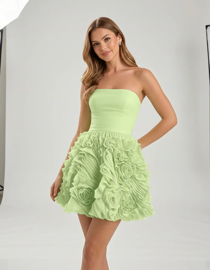 Organza Strapless Fit and Flare Mini Dress with 3D Floral Detail for Party, Cocktail, Evening, Summer & Wedding Guest Events, | SKU: RM-583917264850371-SAGE-L,RM-583917264850371-SAGE-M,RM-583917264850371-SAGE-S,RM-583917264850371-SAGE-XL,RM-583917264850371-SAGE-XS