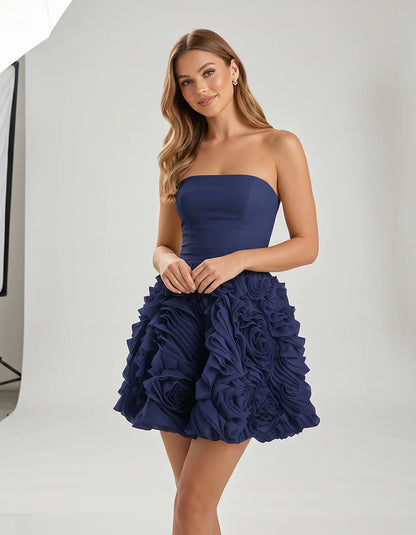 Organza Strapless Fit and Flare Mini Dress with 3D Floral Detail for Party, Cocktail, Evening, Summer & Wedding Guest Events, | SKU: RM-583917264850371-NAVY-L,RM-583917264850371-NAVY-M,RM-583917264850371-NAVY-S,RM-583917264850371-NAVY-XL,RM-583917264850371-NAVY-XS