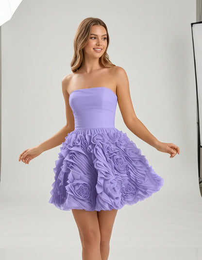 Organza Strapless Fit and Flare Mini Dress with 3D Floral Detail for Party, Cocktail, Evening, Summer & Wedding Guest Events, | SKU: RM-583917264850371-LAVENDER-L,RM-583917264850371-LAVENDER-M,RM-583917264850371-LAVENDER-S,RM-583917264850371-LAVENDER-XL,RM-583917264850371-LAVENDER-XS