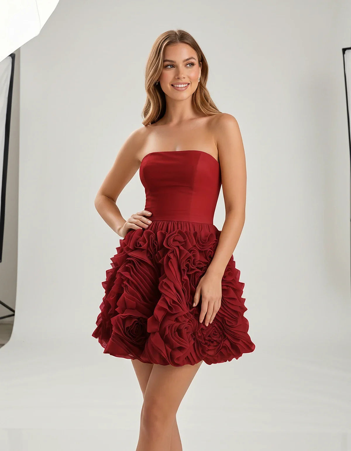 Organza Strapless Fit and Flare Mini Dress with 3D Floral Detail for Party, Cocktail, Evening, Summer & Wedding Guest Events, | SKU: RM-583917264850371-RED-L,RM-583917264850371-RED-M,RM-583917264850371-RED-S,RM-583917264850371-RED-XL,RM-583917264850371-RED-XS