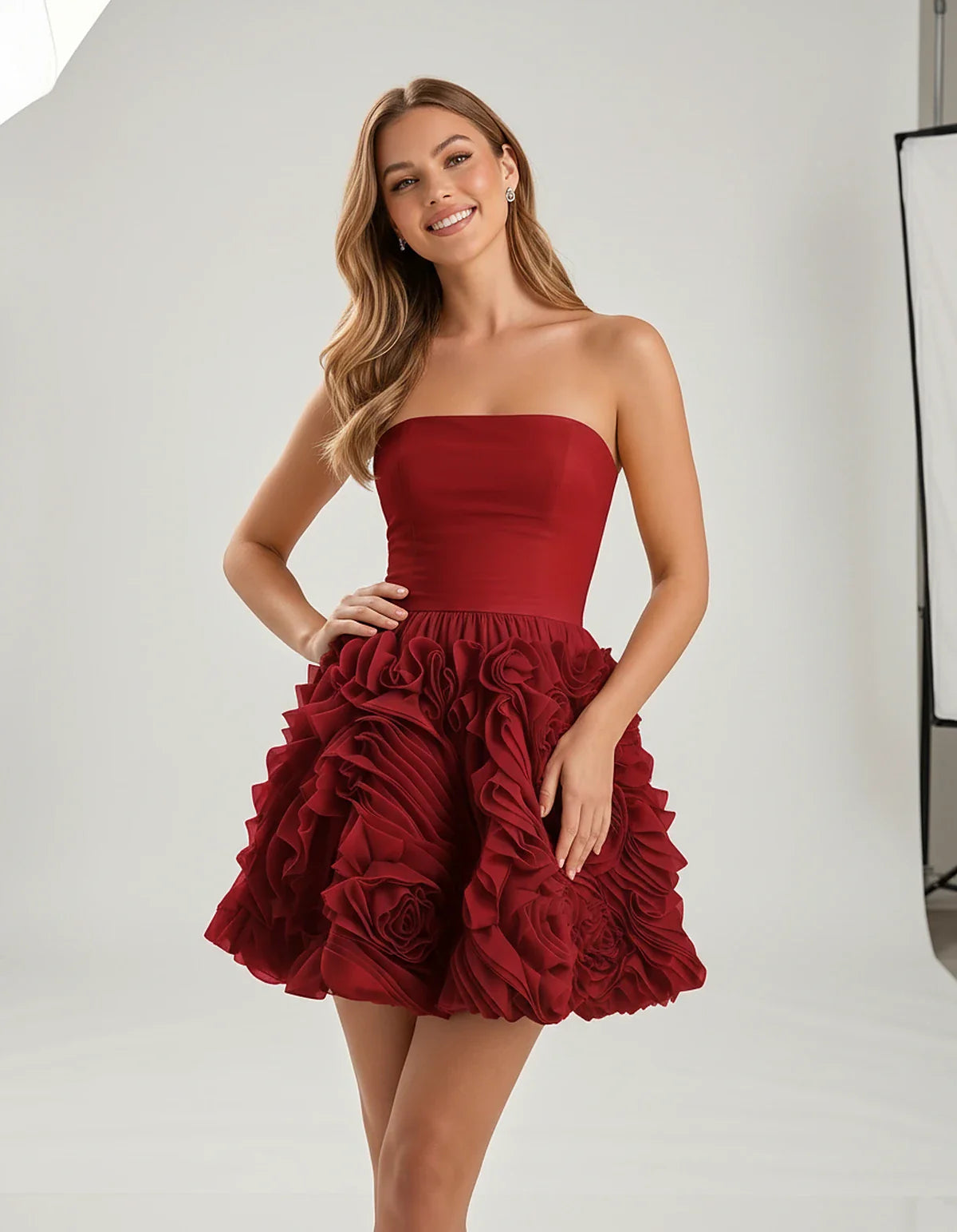 Organza Strapless Fit and Flare Mini Dress with 3D Floral Detail for Party, Cocktail, Evening, Summer & Wedding Guest Events, | SKU: RM-583917264850371-RED-L,RM-583917264850371-RED-M,RM-583917264850371-RED-S,RM-583917264850371-RED-XL,RM-583917264850371-RED-XS