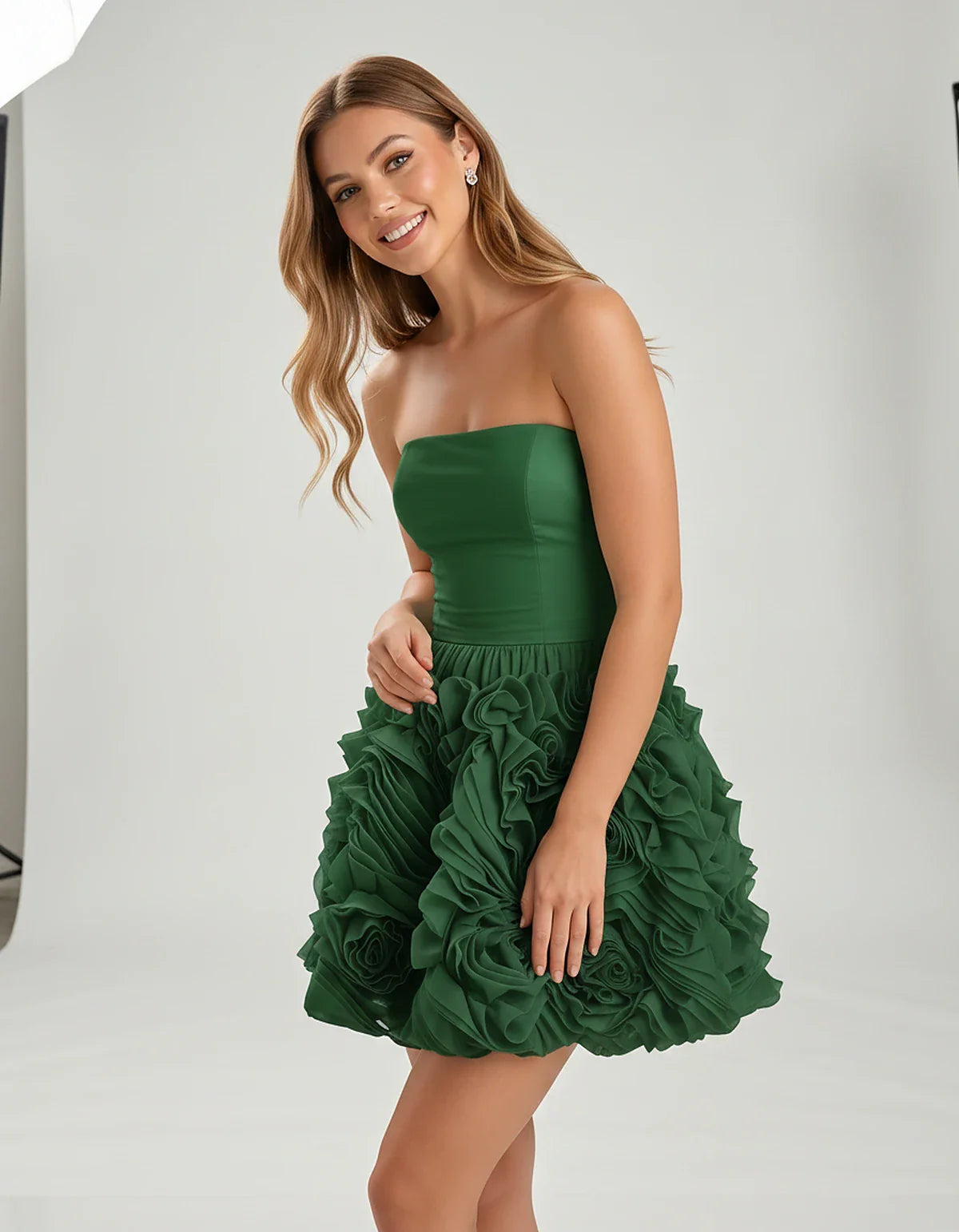 Organza Strapless Fit and Flare Mini Dress with 3D Floral Detail for Party, Cocktail, Evening, Summer & Wedding Guest Events, | SKU: RM-583917264850371-GREEN-L,RM-583917264850371-GREEN-M,RM-583917264850371-GREEN-S,RM-583917264850371-GREEN-XL,RM-583917264850371-GREEN-XS