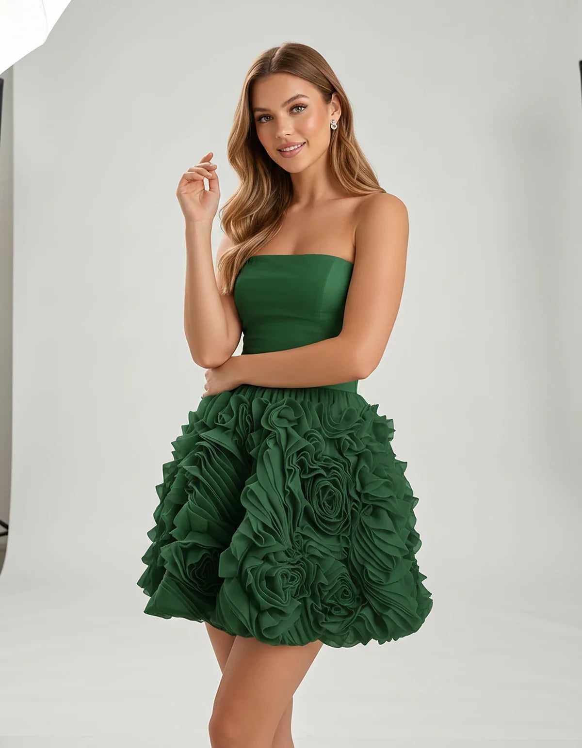 Organza Strapless Fit and Flare Mini Dress with 3D Floral Detail for Party, Cocktail, Evening, Summer & Wedding Guest Events, | SKU: RM-583917264850371-GREEN-L,RM-583917264850371-GREEN-M,RM-583917264850371-GREEN-S,RM-583917264850371-GREEN-XL,RM-583917264850371-GREEN-XS