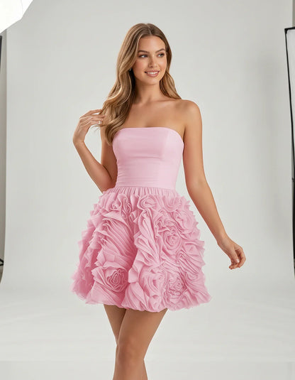Organza Strapless Fit and Flare Mini Dress with 3D Floral Detail for Party, Cocktail, Evening, Summer & Wedding Guest Events, | SKU: RM-583917264850371-PINK-L,RM-583917264850371-PINK-M,RM-583917264850371-PINK-S,RM-583917264850371-PINK-XL,RM-583917264850371-PINK-XS