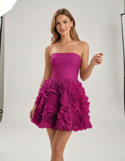 Organza Strapless Fit and Flare Mini Dress with 3D Floral Detail for Party, Cocktail, Evening, Summer & Wedding Guest Events, | SKU: RM-583917264850371-FUCHSIA-L,RM-583917264850371-FUCHSIA-M,RM-583917264850371-FUCHSIA-S,RM-583917264850371-FUCHSIA-XL,RM-583917264850371-FUCHSIA-XS