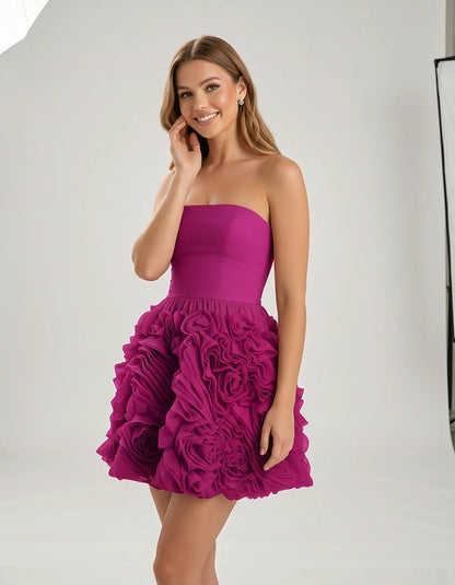 Organza Strapless Fit and Flare Mini Dress with 3D Floral Detail for Party, Cocktail, Evening, Summer & Wedding Guest Events, | SKU: RM-583917264850371-FUCHSIA-L,RM-583917264850371-FUCHSIA-M,RM-583917264850371-FUCHSIA-S,RM-583917264850371-FUCHSIA-XL,RM-583917264850371-FUCHSIA-XS