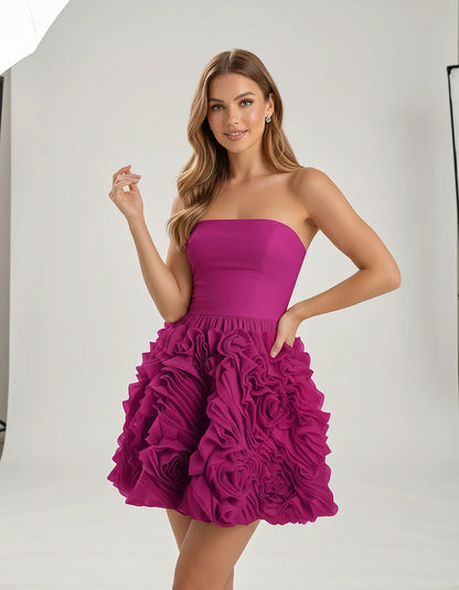 Organza Strapless Fit and Flare Mini Dress with 3D Floral Detail for Party, Cocktail, Evening, Summer & Wedding Guest Events, | SKU: RM-583917264850371-FUCHSIA-L,RM-583917264850371-FUCHSIA-M,RM-583917264850371-FUCHSIA-S,RM-583917264850371-FUCHSIA-XL,RM-583917264850371-FUCHSIA-XS