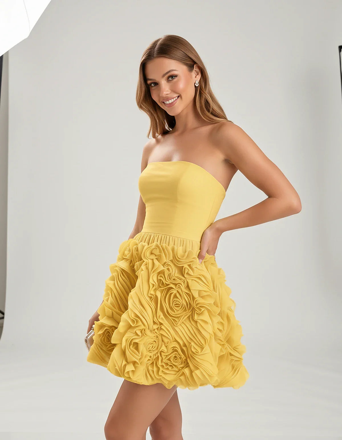 Organza Strapless Fit and Flare Mini Dress with 3D Floral Detail for Party, Cocktail, Evening, Summer & Wedding Guest Events, | SKU: RM-583917264850371-GOLD-L,RM-583917264850371-GOLD-M,RM-583917264850371-GOLD-S,RM-583917264850371-GOLD-XL,RM-583917264850371-GOLD-XS