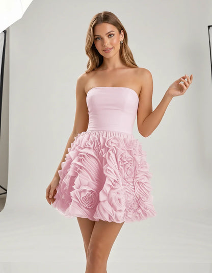Organza Strapless Fit and Flare Mini Dress with 3D Floral Detail for Party, Cocktail, Evening, Summer & Wedding Guest Events, | SKU: RM-583917264850371-BLUSH-L,RM-583917264850371-BLUSH-M,RM-583917264850371-BLUSH-S,RM-583917264850371-BLUSH-XL,RM-583917264850371-BLUSH-XS