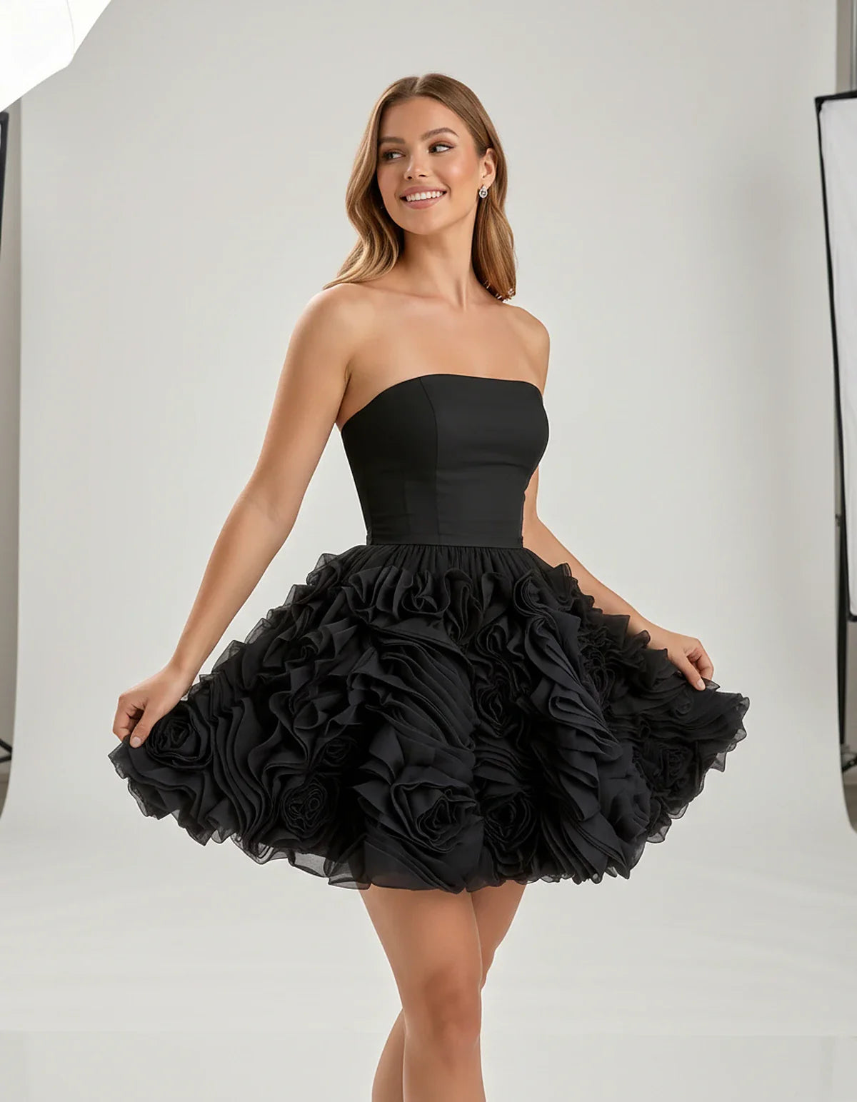 Organza Strapless Fit and Flare Mini Dress with 3D Floral Detail for Party, Cocktail, Evening, Summer & Wedding Guest Events, | SKU: RM-583917264850371-BLACK-L,RM-583917264850371-BLACK-M,RM-583917264850371-BLACK-S,RM-583917264850371-BLACK-XL,RM-583917264850371-BLACK-XS