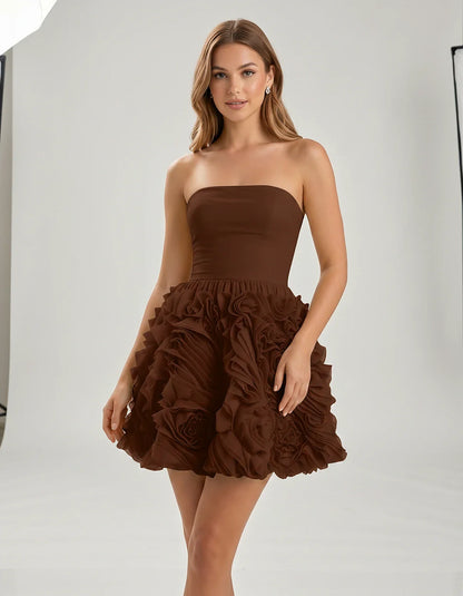 Organza Strapless Fit and Flare Mini Dress with 3D Floral Detail for Party, Cocktail, Evening, Summer & Wedding Guest Events 