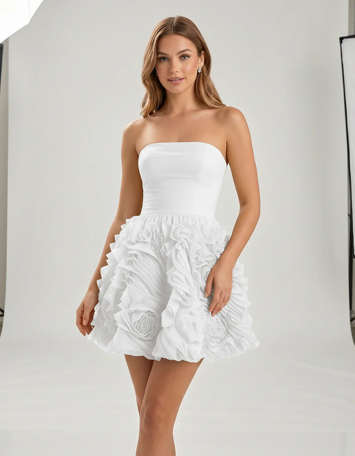 Organza Strapless Fit and Flare Mini Dress with 3D Floral Detail for Party, Cocktail, Evening, Summer & Wedding Guest Events 