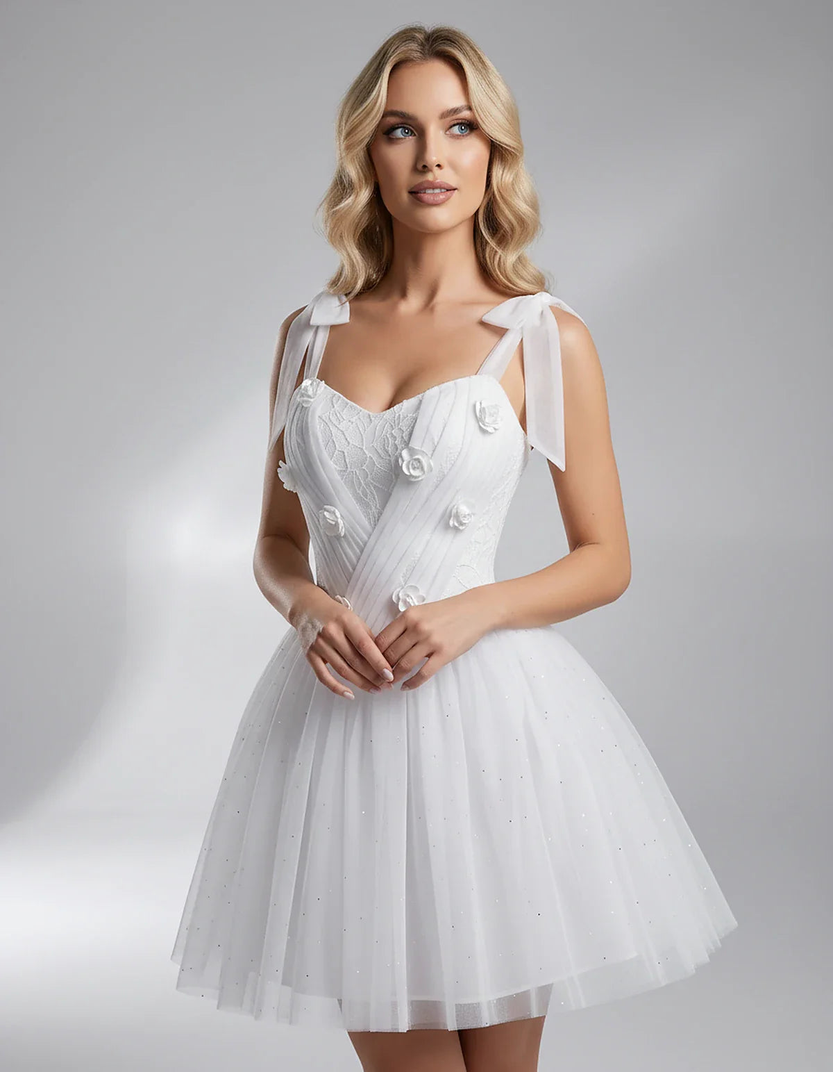Glitter Tulle Sleeveless Sweetheart A-Line Mini Dress with 3D Floral Details for Party, Cocktail, Evening, Summer & Wedding G | SKU: RMD-483920615847351-WHITE-L,RMD-483920615847351-WHITE-M,RMD-483920615847351-WHITE-S,RMD-483920615847351-WHITE-XL,RMD-483920615847351-WHITE-XS