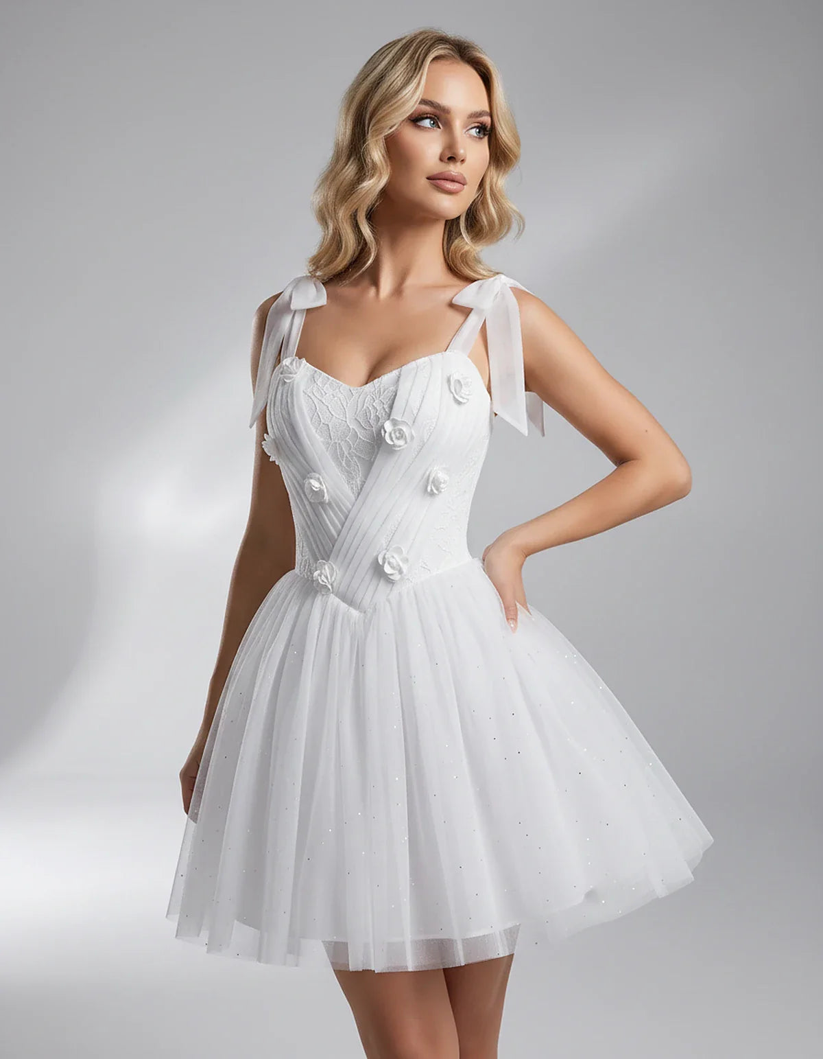 Glitter Tulle Sleeveless Sweetheart A-Line Mini Dress with 3D Floral Details for Party, Cocktail, Evening, Summer & Wedding G | SKU: RMD-483920615847351-WHITE-L,RMD-483920615847351-WHITE-M,RMD-483920615847351-WHITE-S,RMD-483920615847351-WHITE-XL,RMD-483920615847351-WHITE-XS