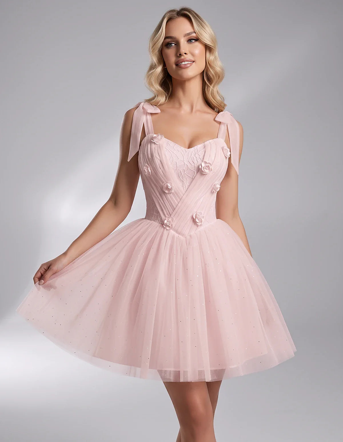 Glitter Tulle Sleeveless Sweetheart A-Line Mini Dress with 3D Floral Details for Party, Cocktail, Evening, Summer & Wedding G | SKU: RMD-483920615847351-BLUSH-L,RMD-483920615847351-BLUSH-M,RMD-483920615847351-BLUSH-S,RMD-483920615847351-BLUSH-XL,RMD-483920615847351-BLUSH-XS