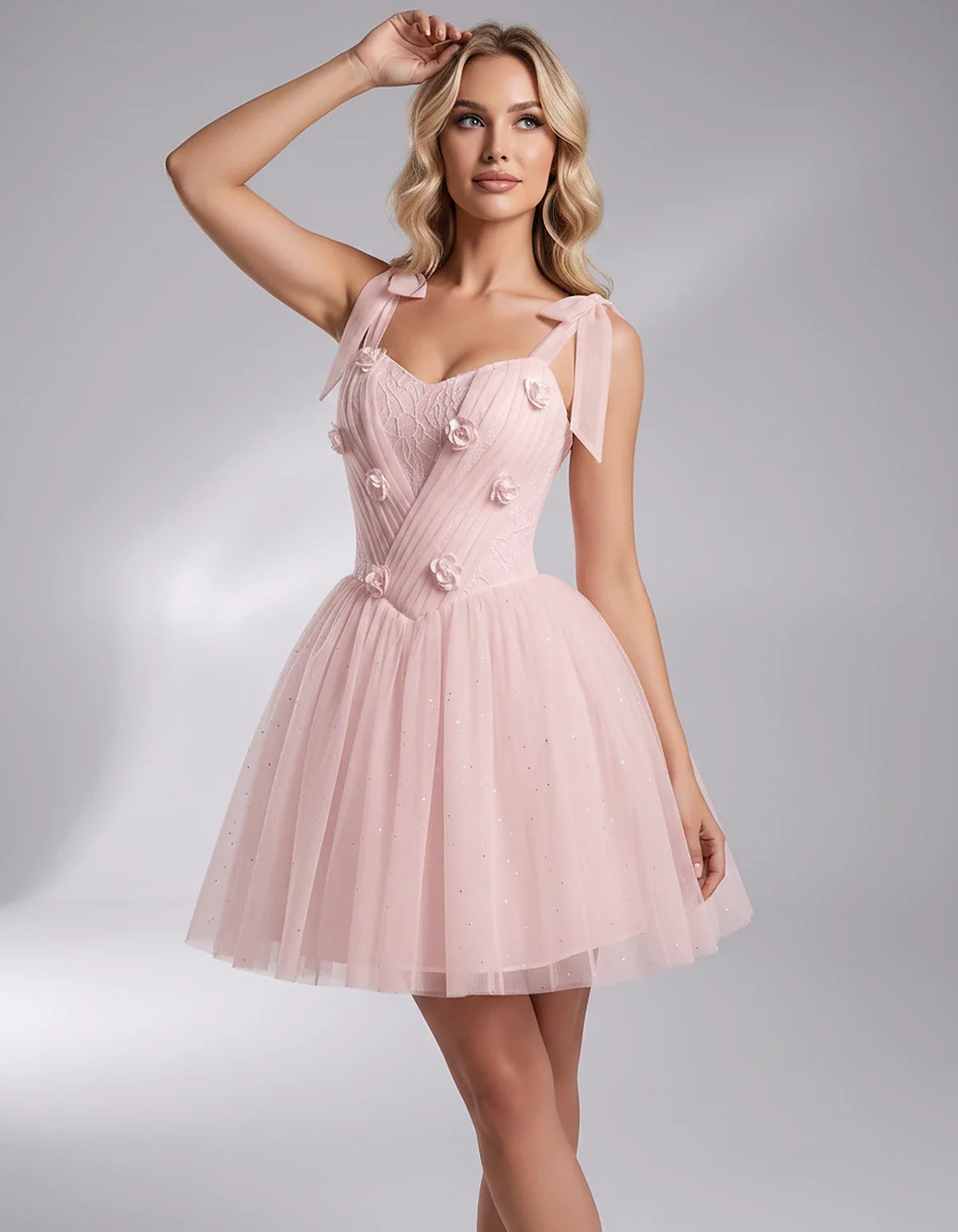 Glitter Tulle Sleeveless Sweetheart A-Line Mini Dress with 3D Floral Details for Party, Cocktail, Evening, Summer & Wedding G | SKU: RMD-483920615847351-BLUSH-L,RMD-483920615847351-BLUSH-M,RMD-483920615847351-BLUSH-S,RMD-483920615847351-BLUSH-XL,RMD-483920615847351-BLUSH-XS