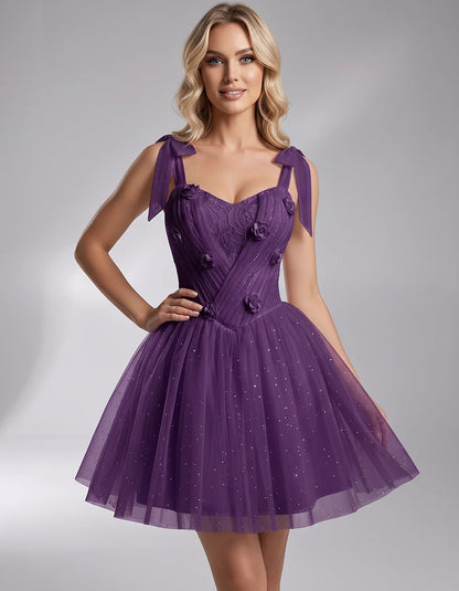 Glitter Tulle Sleeveless Sweetheart A-Line Mini Dress with 3D Floral Details for Party, Cocktail, Evening, Summer & Wedding G | SKU: RMD-483920615847351-PLUM-L,RMD-483920615847351-PLUM-M,RMD-483920615847351-PLUM-S,RMD-483920615847351-PLUM-XL,RMD-483920615847351-PLUM-XS