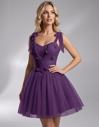 Glitter Tulle Sleeveless Sweetheart A-Line Mini Dress with 3D Floral Details for Party, Cocktail, Evening, Summer & Wedding G | SKU: RMD-483920615847351-PLUM-L,RMD-483920615847351-PLUM-M,RMD-483920615847351-PLUM-S,RMD-483920615847351-PLUM-XL,RMD-483920615847351-PLUM-XS