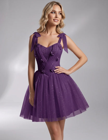 Glitter Tulle Sleeveless Sweetheart A-Line Mini Dress with 3D Floral Details for Party, Cocktail, Evening, Summer & Wedding G | SKU: RMD-483920615847351-PLUM-L,RMD-483920615847351-PLUM-M,RMD-483920615847351-PLUM-S,RMD-483920615847351-PLUM-XL,RMD-483920615847351-PLUM-XS