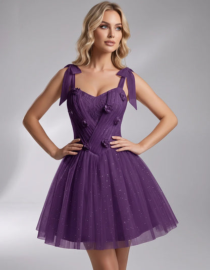 Glitter Tulle Sleeveless Sweetheart A-Line Mini Dress with 3D Floral Details for Party, Cocktail, Evening, Summer & Wedding G | SKU: RMD-483920615847351-PLUM-L,RMD-483920615847351-PLUM-M,RMD-483920615847351-PLUM-S,RMD-483920615847351-PLUM-XL,RMD-483920615847351-PLUM-XS