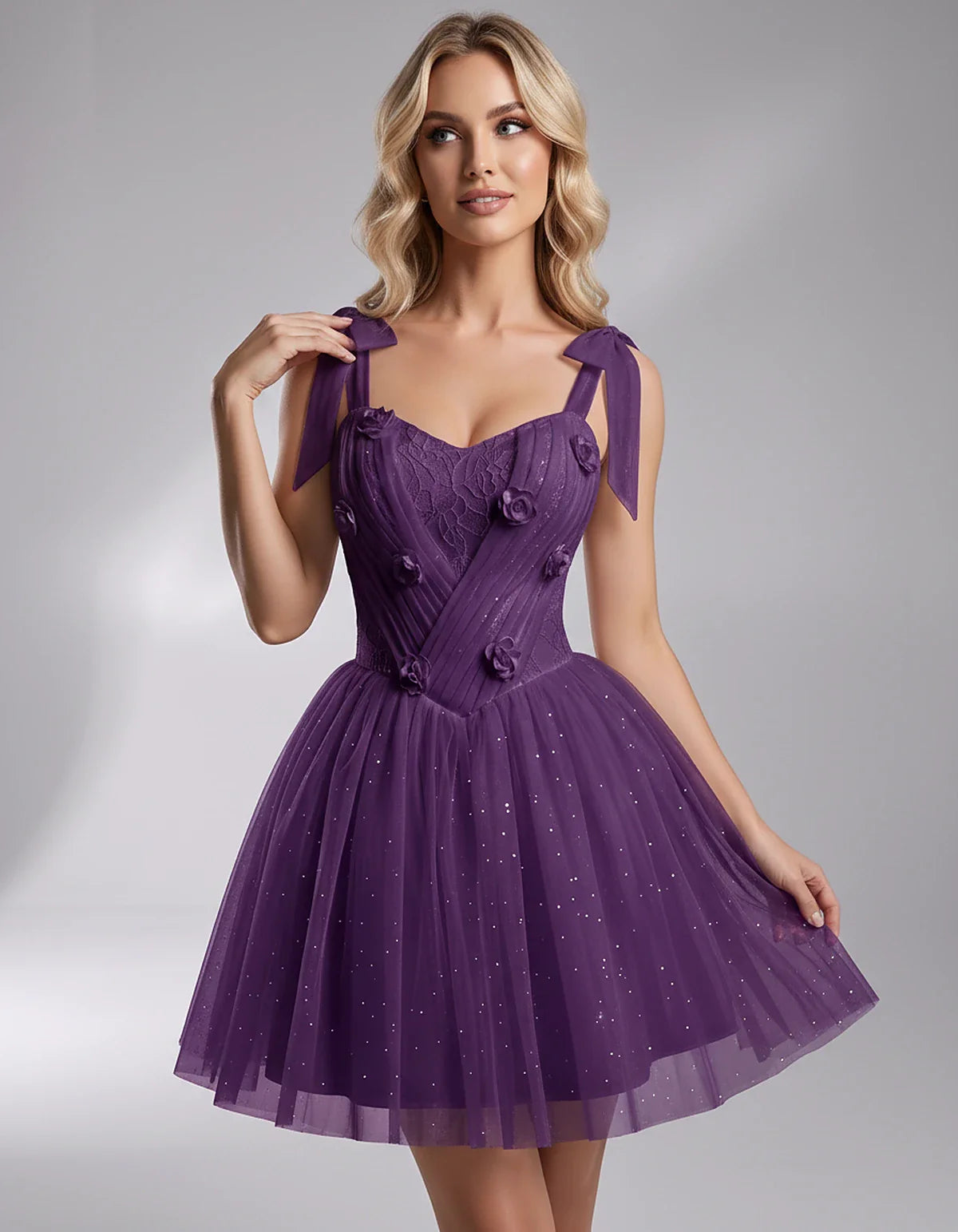 Glitter Tulle Sleeveless Sweetheart A-Line Mini Dress with 3D Floral Details for Party, Cocktail, Evening, Summer & Wedding G | SKU: RMD-483920615847351-PLUM-L,RMD-483920615847351-PLUM-M,RMD-483920615847351-PLUM-S,RMD-483920615847351-PLUM-XL,RMD-483920615847351-PLUM-XS