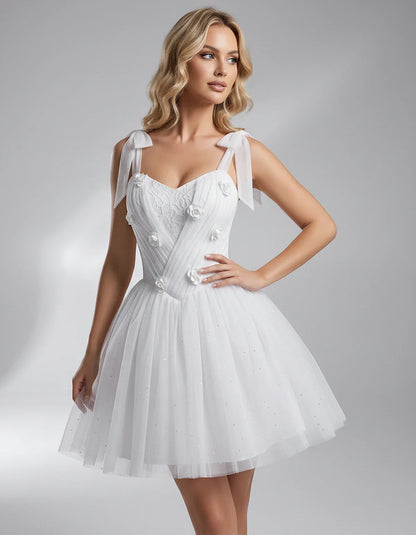 Glitter Tulle Sleeveless Sweetheart A-Line Mini Dress with 3D Floral Details for Party, Cocktail, Evening, Summer & Wedding G | SKU: RMD-483920615847351-WHITE-L,RMD-483920615847351-WHITE-M,RMD-483920615847351-WHITE-S,RMD-483920615847351-WHITE-XL,RMD-483920615847351-WHITE-XS