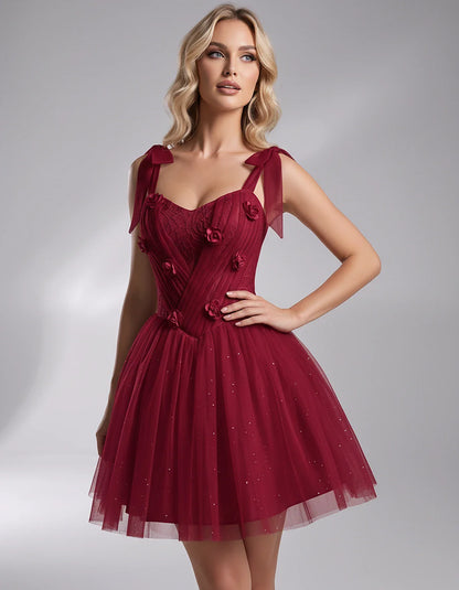 Glitter Tulle Sleeveless Sweetheart A-Line Mini Dress with 3D Floral Details for Party, Cocktail, Evening, Summer & Wedding G | SKU: RMD-483920615847351-BURGUNDY-L,RMD-483920615847351-BURGUNDY-M,RMD-483920615847351-BURGUNDY-S,RMD-483920615847351-BURGUNDY-XL,RMD-483920615847351-BURGUNDY-XS