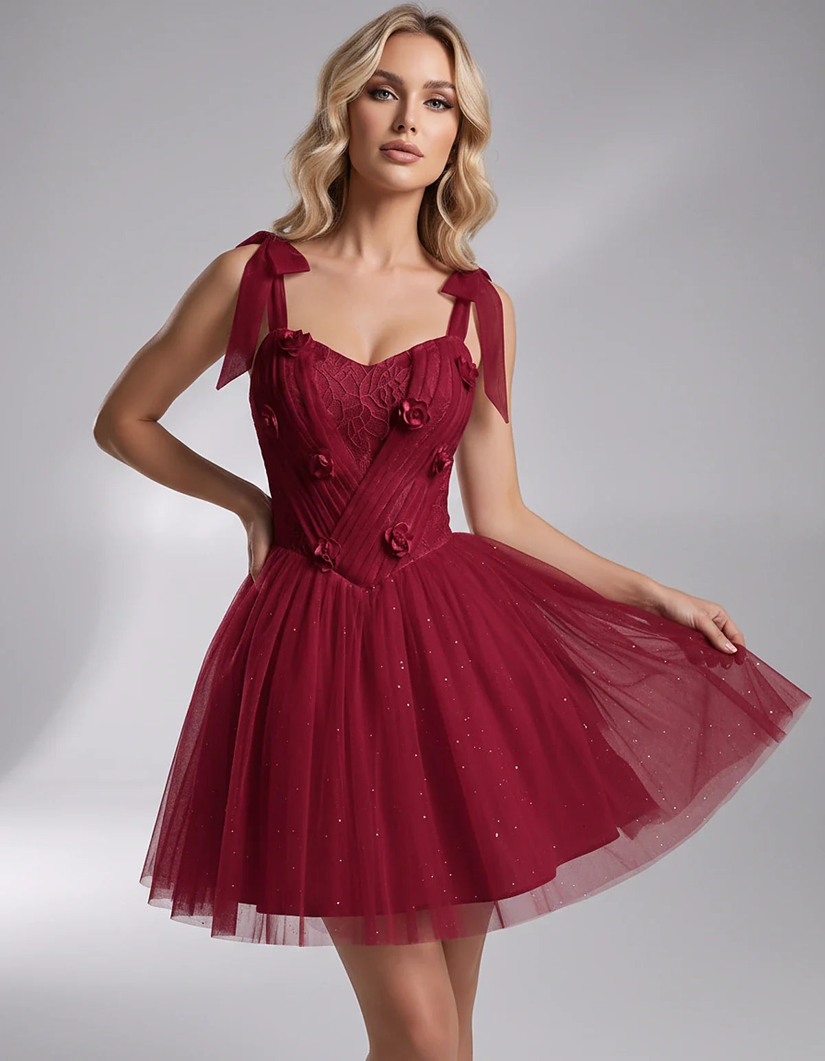 Glitter Tulle Sleeveless Sweetheart A-Line Mini Dress with 3D Floral Details for Party, Cocktail, Evening, Summer & Wedding G | SKU: RMD-483920615847351-BURGUNDY-L,RMD-483920615847351-BURGUNDY-M,RMD-483920615847351-BURGUNDY-S,RMD-483920615847351-BURGUNDY-XL,RMD-483920615847351-BURGUNDY-XS