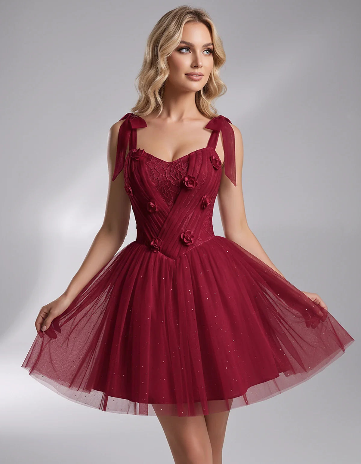 Glitter Tulle Sleeveless Sweetheart A-Line Mini Dress with 3D Floral Details for Party, Cocktail, Evening, Summer & Wedding G | SKU: RMD-483920615847351-BURGUNDY-L,RMD-483920615847351-BURGUNDY-M,RMD-483920615847351-BURGUNDY-S,RMD-483920615847351-BURGUNDY-XL,RMD-483920615847351-BURGUNDY-XS