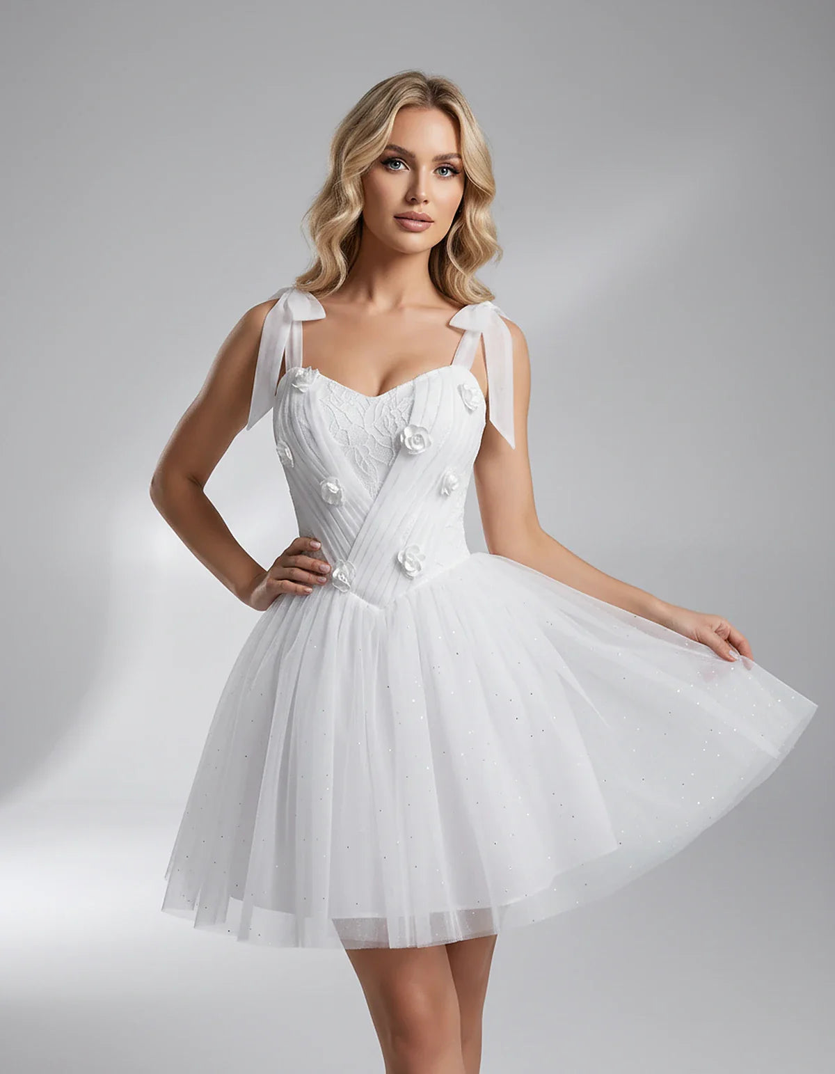 Glitter Tulle Sleeveless Sweetheart A-Line Mini Dress with 3D Floral Details for Party, Cocktail, Evening, Summer & Wedding G | SKU: RMD-483920615847351-WHITE-L,RMD-483920615847351-WHITE-M,RMD-483920615847351-WHITE-S,RMD-483920615847351-WHITE-XL,RMD-483920615847351-WHITE-XS