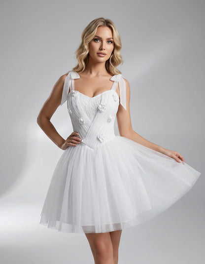 Glitter Tulle Sleeveless Sweetheart A-Line Mini Dress with 3D Floral Details for Party, Cocktail, Evening, Summer & Wedding G | SKU: RMD-483920615847351-WHITE-L,RMD-483920615847351-WHITE-M,RMD-483920615847351-WHITE-S,RMD-483920615847351-WHITE-XL,RMD-483920615847351-WHITE-XS