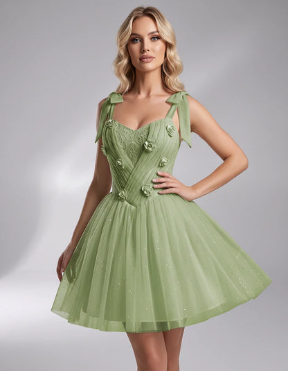 Glitter Tulle Sleeveless Sweetheart A-Line Mini Dress with 3D Floral Details for Party, Cocktail, Evening, Summer & Wedding G | SKU: RMD-483920615847351-SAGE-L,RMD-483920615847351-SAGE-M,RMD-483920615847351-SAGE-S,RMD-483920615847351-SAGE-XL,RMD-483920615847351-SAGE-XS