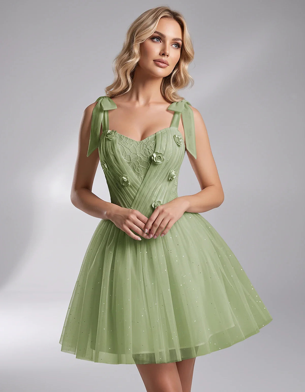 Glitter Tulle Sleeveless Sweetheart A-Line Mini Dress with 3D Floral Details for Party, Cocktail, Evening, Summer & Wedding G | SKU: RMD-483920615847351-SAGE-L,RMD-483920615847351-SAGE-M,RMD-483920615847351-SAGE-S,RMD-483920615847351-SAGE-XL,RMD-483920615847351-SAGE-XS