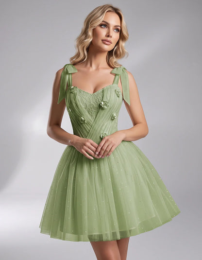 Glitter Tulle Sleeveless Sweetheart A-Line Mini Dress with 3D Floral Details for Party, Cocktail, Evening, Summer & Wedding G | SKU: RMD-483920615847351-SAGE-L,RMD-483920615847351-SAGE-M,RMD-483920615847351-SAGE-S,RMD-483920615847351-SAGE-XL,RMD-483920615847351-SAGE-XS
