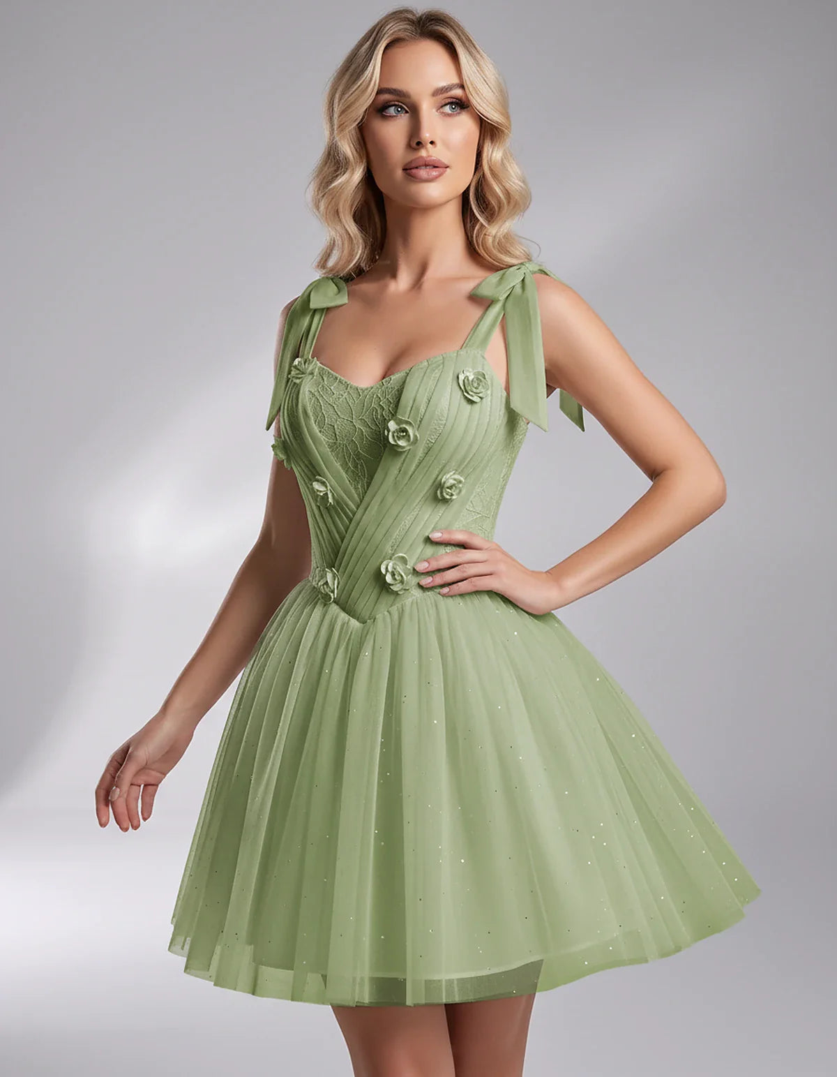 Glitter Tulle Sleeveless Sweetheart A-Line Mini Dress with 3D Floral Details for Party, Cocktail, Evening, Summer & Wedding G | SKU: RMD-483920615847351-SAGE-L,RMD-483920615847351-SAGE-M,RMD-483920615847351-SAGE-S,RMD-483920615847351-SAGE-XL,RMD-483920615847351-SAGE-XS