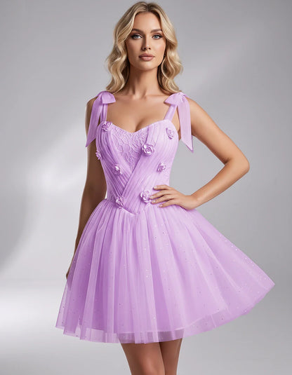 Glitter Tulle Sleeveless Sweetheart A-Line Mini Dress with 3D Floral Details for Party, Cocktail, Evening, Summer & Wedding G | SKU: RMD-483920615847351-LILAC-L,RMD-483920615847351-LILAC-M,RMD-483920615847351-LILAC-S,RMD-483920615847351-LILAC-XL,RMD-483920615847351-LILAC-XS