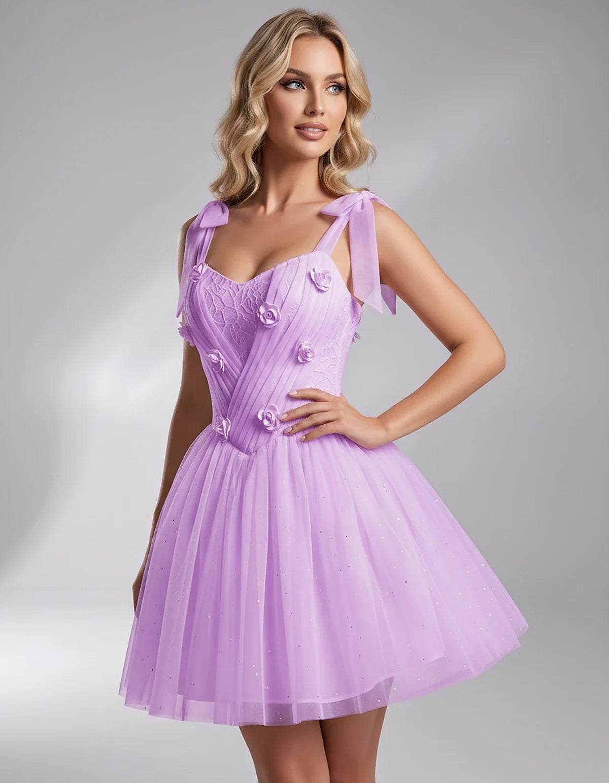 Glitter Tulle Sleeveless Sweetheart A-Line Mini Dress with 3D Floral Details for Party, Cocktail, Evening, Summer & Wedding G | SKU: RMD-483920615847351-LILAC-L,RMD-483920615847351-LILAC-M,RMD-483920615847351-LILAC-S,RMD-483920615847351-LILAC-XL,RMD-483920615847351-LILAC-XS