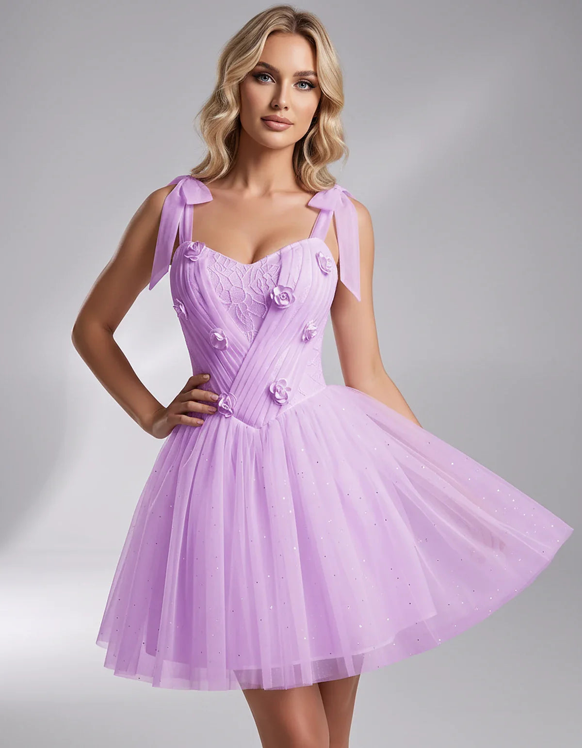 Glitter Tulle Sleeveless Sweetheart A-Line Mini Dress with 3D Floral Details for Party, Cocktail, Evening, Summer & Wedding G | SKU: RMD-483920615847351-LILAC-L,RMD-483920615847351-LILAC-M,RMD-483920615847351-LILAC-S,RMD-483920615847351-LILAC-XL,RMD-483920615847351-LILAC-XS