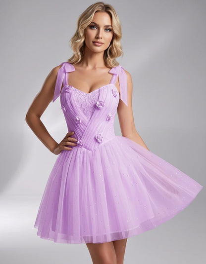Glitter Tulle Sleeveless Sweetheart A-Line Mini Dress with 3D Floral Details for Party, Cocktail, Evening, Summer & Wedding G | SKU: RMD-483920615847351-LILAC-L,RMD-483920615847351-LILAC-M,RMD-483920615847351-LILAC-S,RMD-483920615847351-LILAC-XL,RMD-483920615847351-LILAC-XS