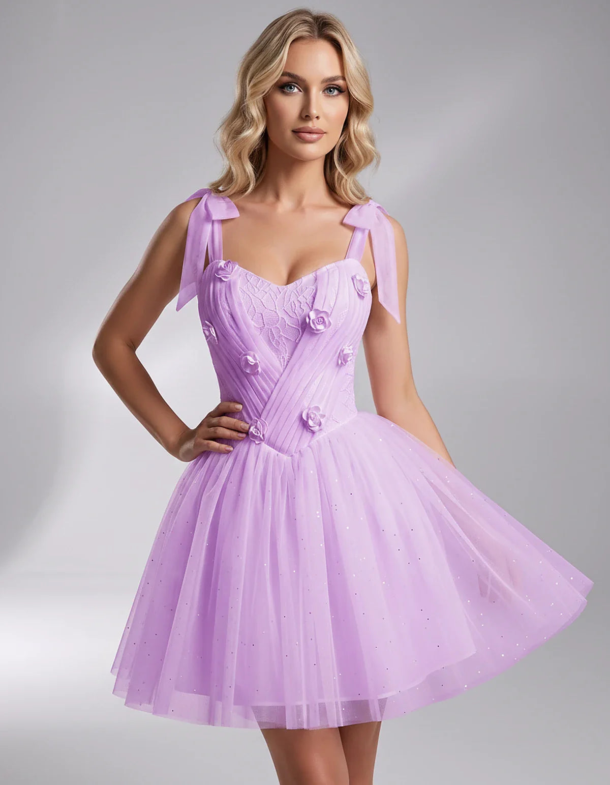 Glitter Tulle Sleeveless Sweetheart A-Line Mini Dress with 3D Floral Details for Party, Cocktail, Evening, Summer & Wedding G | SKU: RMD-483920615847351-LILAC-L,RMD-483920615847351-LILAC-M,RMD-483920615847351-LILAC-S,RMD-483920615847351-LILAC-XL,RMD-483920615847351-LILAC-XS