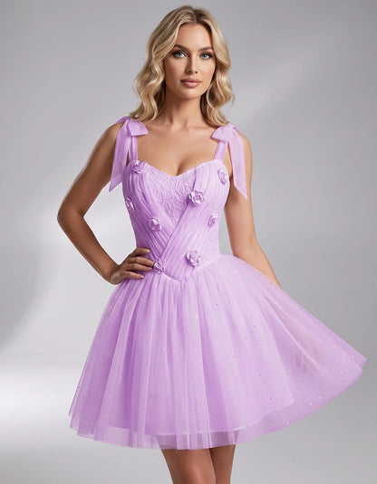 Glitter Tulle Sleeveless Sweetheart A-Line Mini Dress with 3D Floral Details for Party, Cocktail, Evening, Summer & Wedding G | SKU: RMD-483920615847351-LILAC-L,RMD-483920615847351-LILAC-M,RMD-483920615847351-LILAC-S,RMD-483920615847351-LILAC-XL,RMD-483920615847351-LILAC-XS
