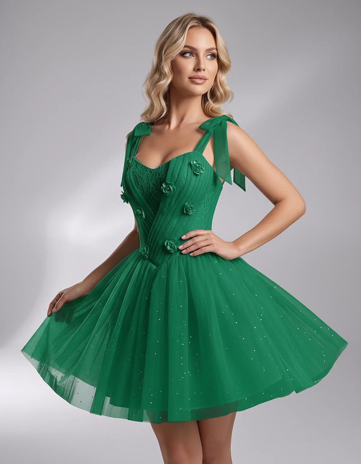 Glitter Tulle Sleeveless Sweetheart A-Line Mini Dress with 3D Floral Details for Party, Cocktail, Evening, Summer & Wedding G | SKU: RMD-483920615847351-GREEN-L,RMD-483920615847351-GREEN-M,RMD-483920615847351-GREEN-S,RMD-483920615847351-GREEN-XL,RMD-483920615847351-GREEN-XS